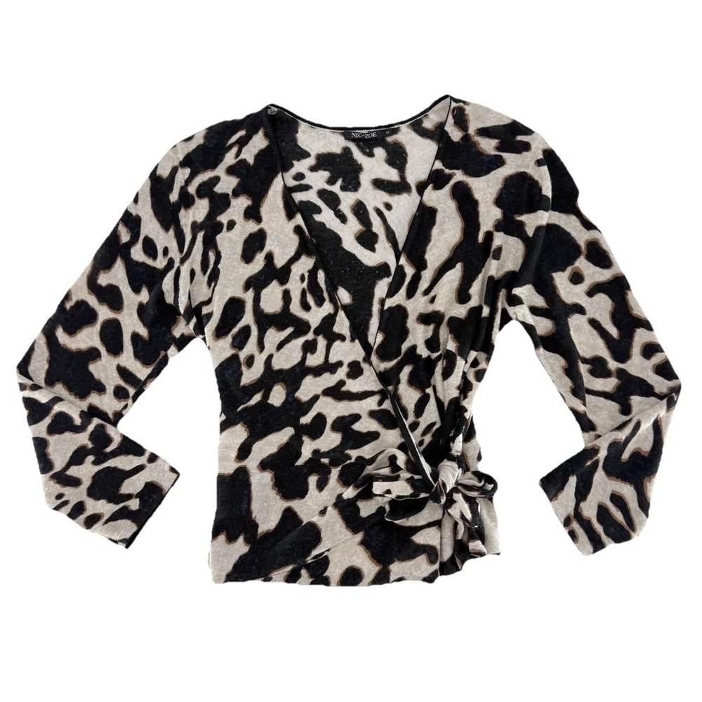 Nic+Zoe Leopard Print Linen Blend Faux Wrap Blouse Slv Sz Sm Preppy Boho Lightwt